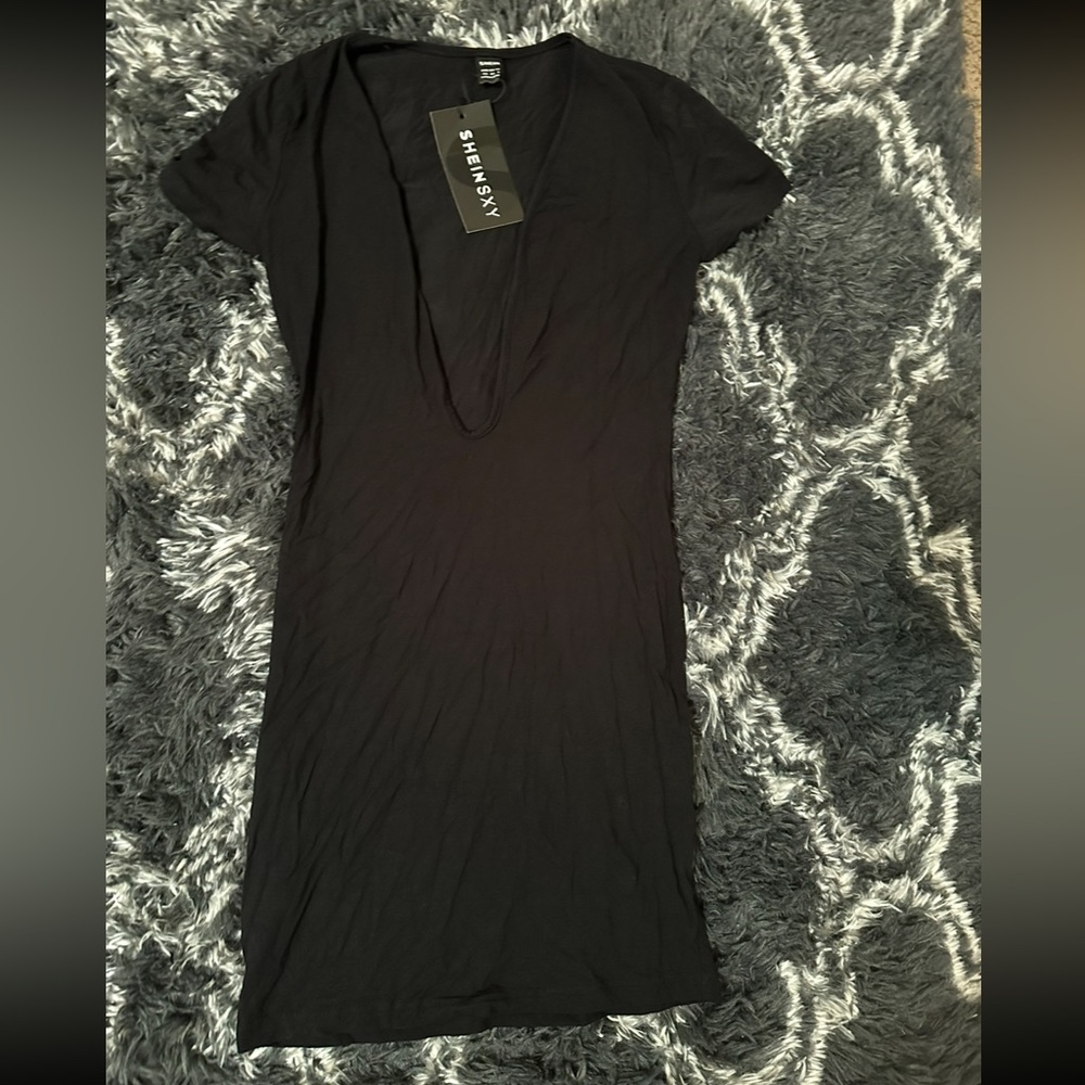 Deep V Black Bodycon Mini Dress